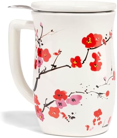 Tea Forte Ceramic Fiore Tea Cup with Infuser, Sakura, 14 oz