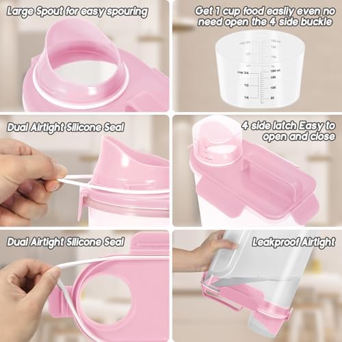LEAWALK 5-7Lbs/6Qt Dog Cat Storage Container Portable with Upgraded Large Spout and Cup, Plastic Pet Food Dispenser for Small Animal Kibble, Bird Seed, Oatmeal, Rice, Flour, Brown Sugart- Light Pink
