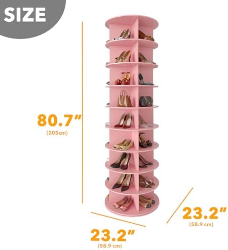 SpaceAid 9 Tier Rotating Shoe Rack Tower, Spinning Shoe Display Lazy Susan, Revolving 360 Shoe Rack Storage Round Carousel, Vertical Handbag Rotate Shoes Closet Organization (9-Tier Pink)