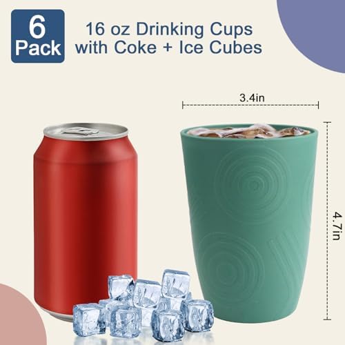 16 OZ Drinking Cups, Wheat Straw Cups Set of 6 - Reusable Water Cups, Unbreakable Plastic Drinking Glasses, Dishwasher Safe Tumbler Cups for Kitchen, Camping, RV -Green
