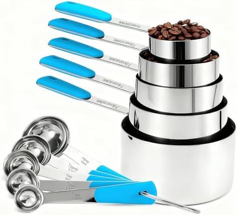 Bopei 10-Pcs Stainless Steel Measuring Cups & Spoons Set, Blue Handles