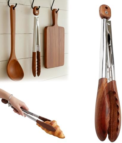 Wooden Tongs for Cooking with Stainless Steel Long Handle – Non-Slip Design, Hanging Hole, Perfect for BBQ, Salad Tossing & Serving, Household Creative Cooking Tongs (9 Inch)