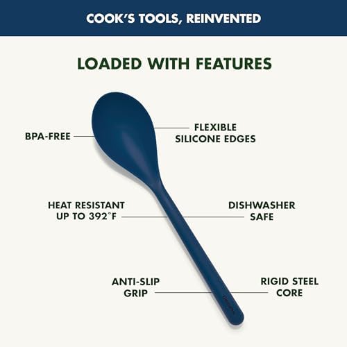 GreenPan Silicone Solid Spoon, Mixing Stirring Serving, Cooking Kitchen Utensil, Flexible Rubber Nonstick Cookware, Rigid Steel Core, Heat-Resistant, Anti-Slip Handle, BPA-Free, Dishwasher Safe, Blue