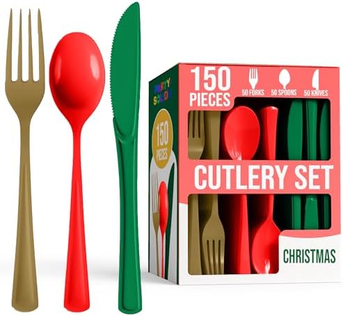 Party Solids Christmas Plastic Silverware Heavy Duty 150 Pieces Christmas Plastic Cutlery Sets Utensil Sets 50 of Each Forks Knives & Spoons Disposable Cutlery Set Flatware Set for Party Supplies