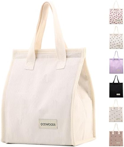 TELLUMO Corduroy Insulated Lunch Bag, 7.75L Large Capacity Reusable Lunch Box, Cute Lunch Tote for Women Men, Leakproof Lunch Cooler for Work Picnic Travel (Corduroy Beige)