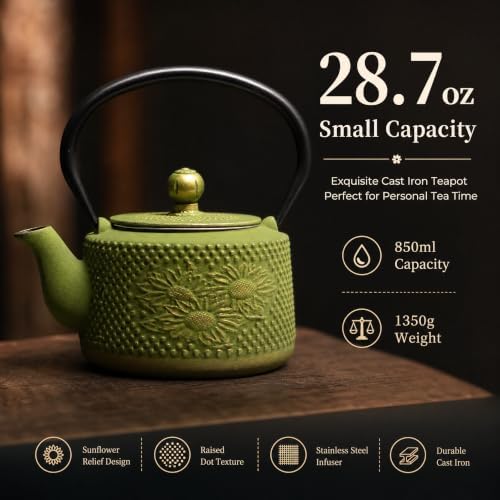 Green Cast Iron Tea Pot, 28.7oz Small Tea Kettle for Stovetop, Cute Tea Pot