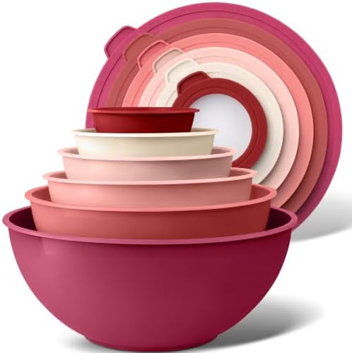 Zulay Kitchen 12 Piece Plastic Mixing Bowls with Lids Set - Leak-Proof Microwave & Freezer Safe Stackable Mixing Bowl Set for Preparing, Serving and Storing - Non-Slip Large Nesting Bowls (Red Ombre)