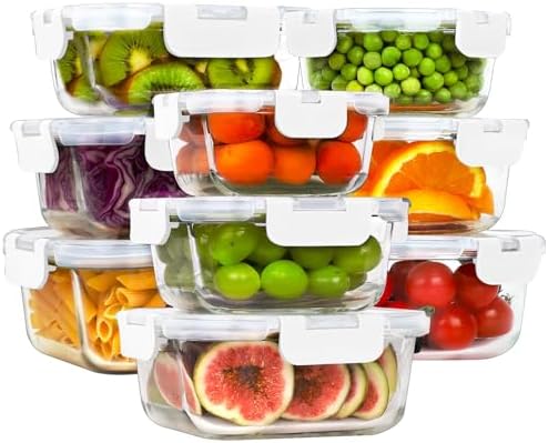 18 Piece Glass Food Storage Containers with Snap Locking Lids for Meal Prep