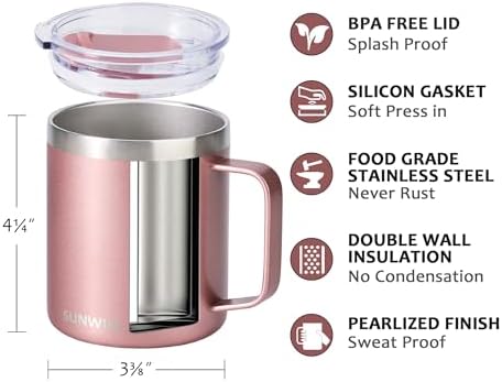SUNWILL Travel Coffee Mug with Lid, Insulated Tumbler with Handle, 14 oz Stainless Steel Cup Set of 2 for Camping, Outdoor, Cool Grey & Rose Gold 2 Pack