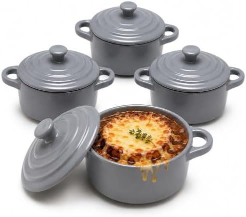 Mini Dutch Oven Set of 4, 14 oz Ceramic Mini Dutch Ovens with Lids and Handles, Ramekins with Lids for French Onion Soup, Pot Pies, Soufflés and Baked Desserts, Oven Microwave Dishwasher Safe, Mini Cocotte, Grey