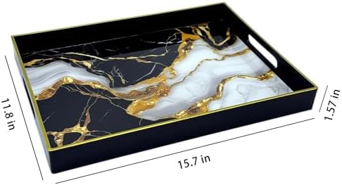 Serving Tray with Handles, 15.7 * 11.8 inches, Plastic Ottoman Tray with Exquisite Paintings, Trays for Coffee Table