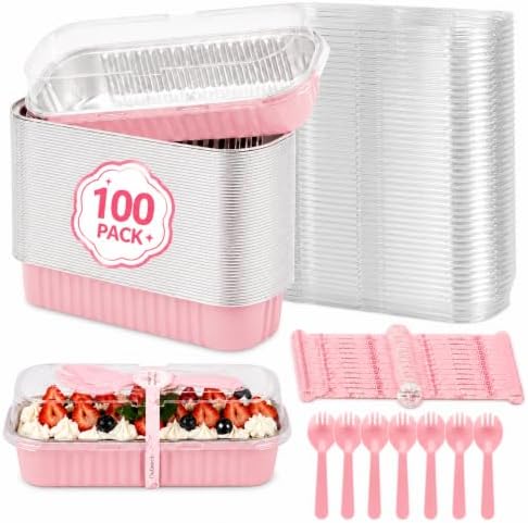 100 Pack Mini Cake Pans with Lids and Spoons, Disposable Aluminum Foil Cake Tins（6.8oz） Mini Loaf Pans with Lids for Party, Wedding, Birthday