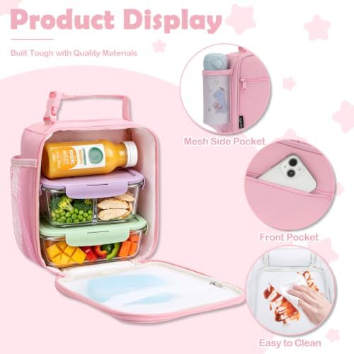 FlowFly Kids Lunch box Insulated Soft Bag Mini Cooler Back to School Thermal Meal Tote Kit for Girls, Boys, Pink
