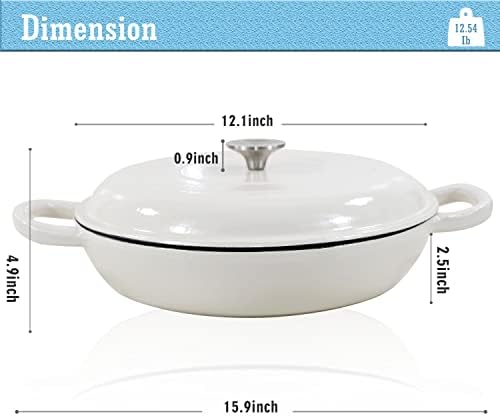 COOKWIN Enameled Cast Iron Braiser Pan, 3.8 Quart Shallow Dutch Oven with Lid, Heavy Duty Casserole Skillet with Dual Handles for Family or Friends Gifts, Oven-Safe to 500°F, White