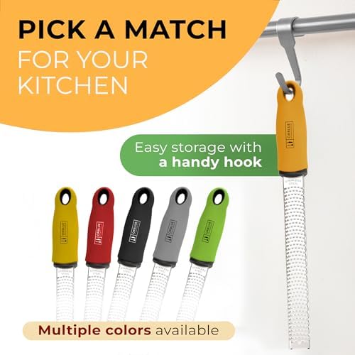 Orblue Lemon Zester & Cheese Grater - Premium Citrus Zester, Kitchen Grater for Parmesan, Chocolate, Fruits, Vegetables, Ginger, Garlic, Nutmeg - Stainless Steel Blades with Protective Cover, Orange