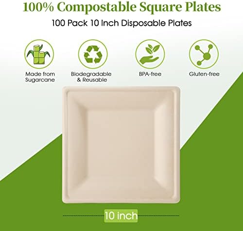 ECOLipak 100 Piecs Compostable Square Paper Plates, 10 inch, Nature
