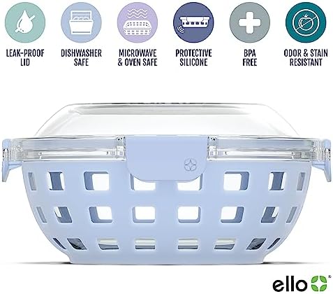 Ello DuraGlass Food Storage Glass Lunch Bowl Container - Meal Prep Container with Silicone Sleeve and Airtight Lid, 5 Cup, Blue
