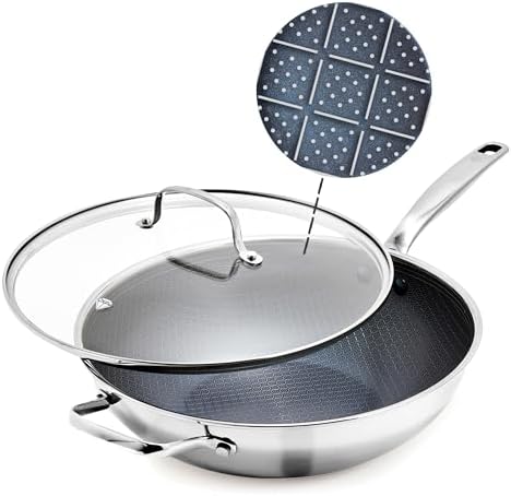 Blue Diamond Hybrid Nonstick Stainless Steel 12” Wok with Lid, PFAS-Free Ceramic Diamond Bond Stir-Fry Pan, Induction Ready, Dishwasher & Oven Safe, Metal Utensil Safe, Stay-Cool Handle, Silver