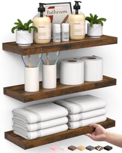 BAYKA Rustic Brown Bathroom Floating Shelves, 15.7in, 3Pk, Wall Mount Shelf