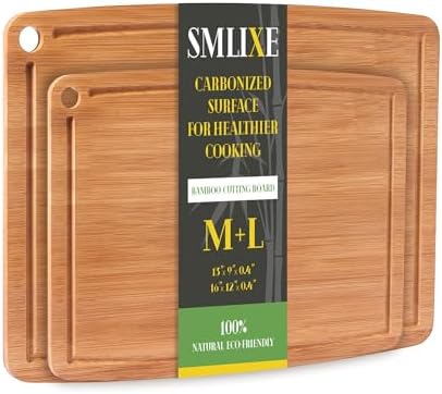 Bamboo Cutting Boards for Kitchen Set of 2, Carbonized Wood Cutting Board Set with Deep Juice Groove for Chopping Meat, Vegetables, Fruits, Nuts, Lightweight & Durable, Ideal Kitchen Gift