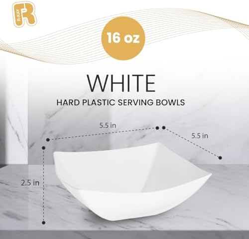 R-kay 6 Pack Square Plastic Serving Bowls - White Plastic bowls 16 Oz - Premium White Bowls Disposable Heavy Duty For Weddings Catering And Birthday parties