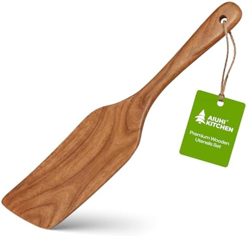 AIUHI Wooden Spatulas, Non-stick Flat Cooking Spatula for Cooking, Teak Wood Turner Scraper for Frying, Flipping and Turning