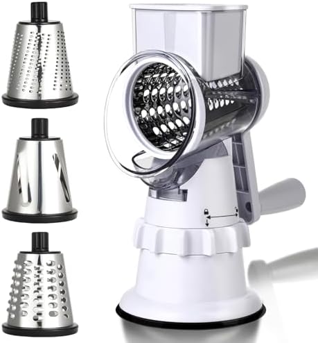 Rotary Cheese Grater Hand Crank, Vegetable Slicer with 3 Blades, Stable Suction, Labor-Saving Handle, Cheese Shredder for Potato Vegetables Nuts Chocolate, White
