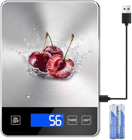 Digital Kitchen Scale, 33lb Food Scale Precisely Measures Grams and Ounces for Baking, Cooking, and Meal Prep, Rechargeable 304 Stainless Steel with LCD Display, Batteries and USB Charging Included