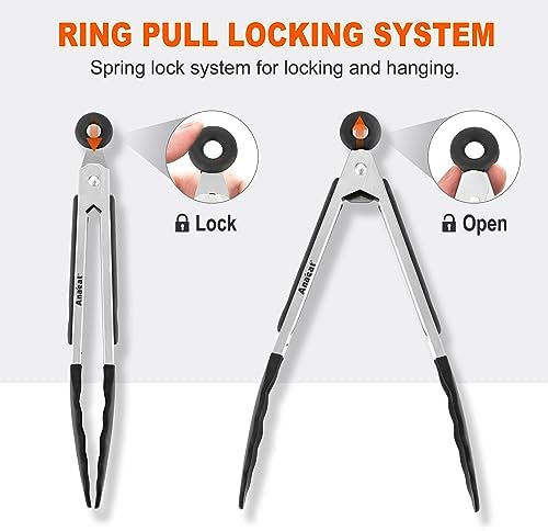 Anaeat Non-Stick Silicone Locking Tong Set of 3 - Stainless Steel 7, 9 and 12 inch Kitchen Food Tongs with Non-Slip Silicone Tips and Grip for Cooking, Baking and BBQ - Heavy Duty & Heat Resistant