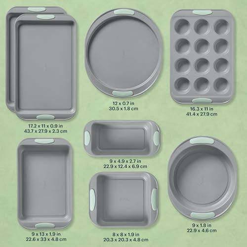Pyrex 8-Piece Metal Bakeware Set with Heatsafe Silicone Handles, Sage