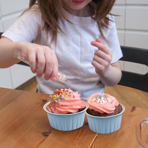 100Pcs Aluminum Cups with Lids,5oz Disposable Ramekin Baking Cups Muffin Liners Mini Pie Pans Foil Cupcake Containers for Christmas Party Wedding Party,Sky Blue