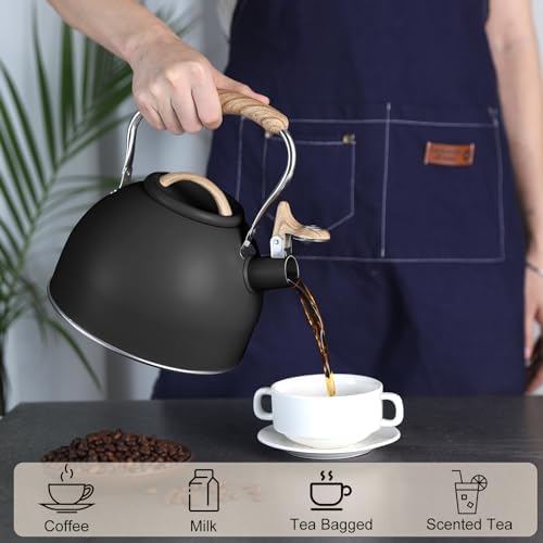 Tea Kettle, Vegoran 100 OZ / 3 Liter Whistling Tea Kettle, Tea Pots for Stove Top Food Grade Stainless Steel with Wood Pattern Folding Handle, Loud Whistle Kettle for Tea, Coffee, Milk (Black)