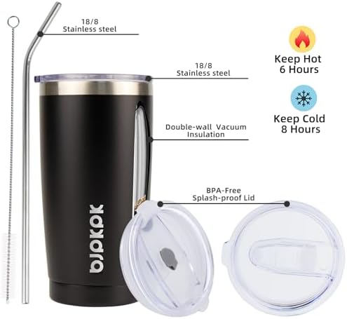 BJPKPK 20 oz Coffee Tumbler with Lid & Straw, Insulated Stainless Steel Mug