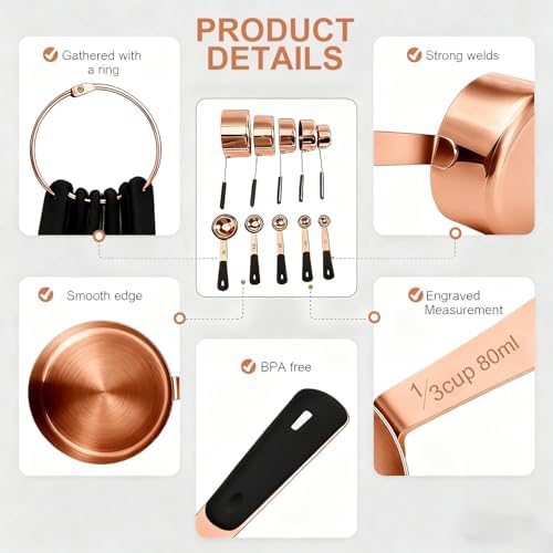 Bopei 10-Pcs Stainless Steel Measuring Cups & Spoons Set, Rose Gold
