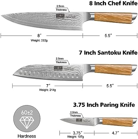 HOSHANHO Damascus Kitchen Knife Set 3PCS, Sharp Chef/Santoku/Fruit Knives