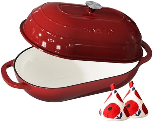 Enameled Cast Iron Bread Oven, 5QT Cast Iron Dutch Oven for Homemade Sourdough Bread Baking, Oval Bread Pot with Dome Lid & Cotton Potholders, Cherry Red