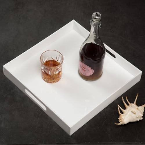 KEVLANG Glossy White Sturdy Acrylic Serving Tray with Handles-14x14Inch-Serving Coffee,Appetizer,Breakfast,Butler-Kitchen Countertop Tray-Makeup Drawer Organizer-Vanity Table-Ottoman Tray