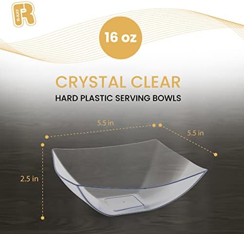 R-kay 6 Pack Square Plastic Serving Bowls - Clear Plastic bowls 16 Oz - Disposable Serving Bowls Heavy Duty For Weddings Catering And Birthday parties