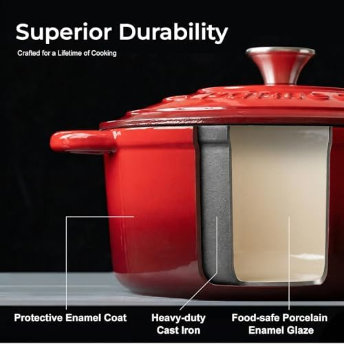 Parmedu 5.5QT Enameled Cast Iron Dutch Oven for Sourdough Bread Red