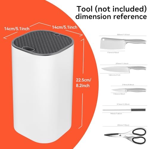 Fohil Knife Block without Knives, Universal Knife Block, Detachable Knife Holder, Space Saver Knife Storage Holder with Scissors Slot, Sharpening Bar Slot, Kitchen Knife Holder White