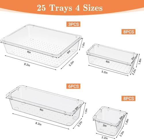 SpaceHacks 25 PCS Plastic Drawer Organizer, 4-Size Versatile Organizer Trays & storage Bins