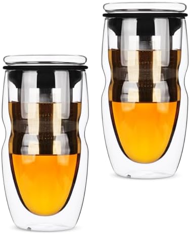 BTaT- Double Wall Glass Tea Cup With Stainless Steel Infuser and Lid, 16 oz, 2 Pack, Borosilicate Glass Tea Mug Infuser, Gifts for Tea Lovers