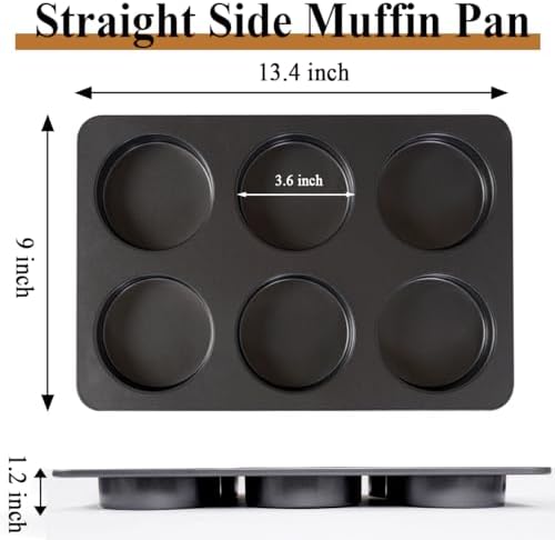 2 Pcs English Muffin Pans, 3.6 Inch Non-Stick 6 Cup Straight Side Cupcake Pan, Hamburger Bun Pan for Baking Muffin Egg Sandwich Frittata Cinnamon Roll (Lid NOT Included)