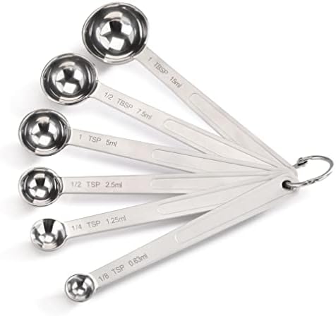 New Star Foodservice 43112 Stainless Steel Measuring Spoons, Set of 6, Round Metal Measuring Spoon Set with Ring Hook for Baking, Cooking, Spices, Wet and Dry Ingredients, Silver