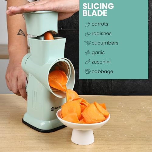 Rotary Cheese Grater with Hand Crank – 6-in-1 Cheese Shredder, 6 Stainless Steel Blades, Reinforced Suction Base, Grater for Cheese, Vegetables, Nuts
