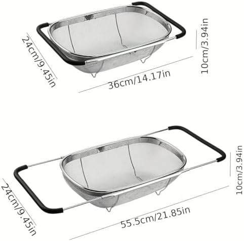 NikLye Stainless Steel Over the Sink Colander Basket with Expandable Handles, 6 Quart Fine Mesh Strainer for Pasta, Vegetables and Rice