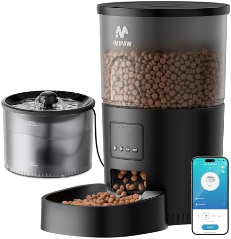 IMIPAW Automatic Cat Feeder 5G WiFi and Water Dispenser, Timed Dry Food Dispenser APP Remote Control, Programmable Portions, with Desiccant, Cat Fountains for Drinking with Filter, Small Pets (Combo)