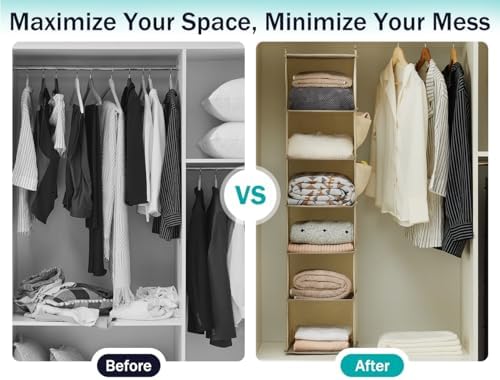 YOUDENOVA Hanging Closet Organizer and Storage, 6-Shelf, 2 Packs, Beige