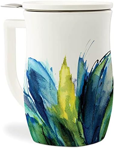 Tea Forte Ceramic Fiore Tea Cup with Infuser, Blue Agave, 14 oz