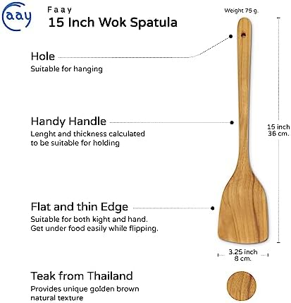 FAAY 15 Inches Wok Spatula, Long Handle Stir fry Paddle, Turner, Handcrafted from High Moist Resistance Teak Wood for Non Stick Cookware